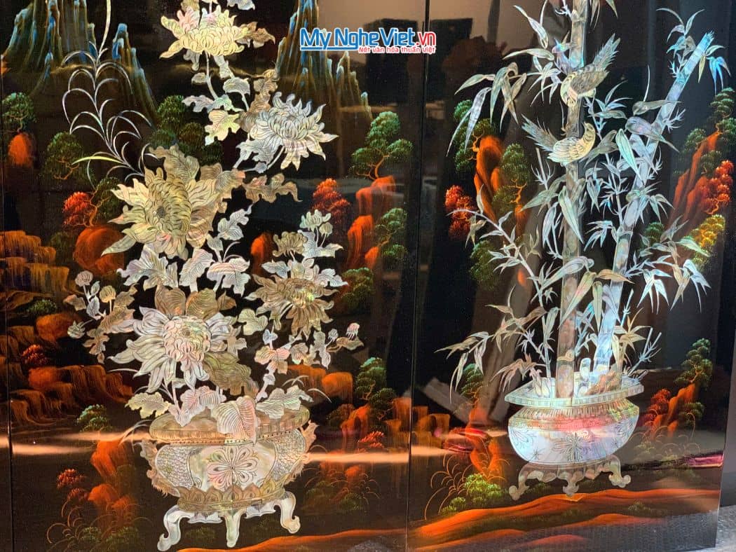 Bộ 4 tranh sơn mài mai lan cúc trúc nền ấm cẩn chìm chậu MNV-TSM22-22