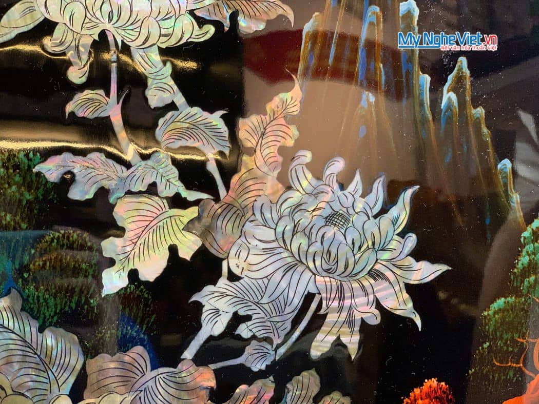 Bộ 4 tranh sơn mài mai lan cúc trúc nền ấm cẩn chìm chậu MNV-TSM22-22