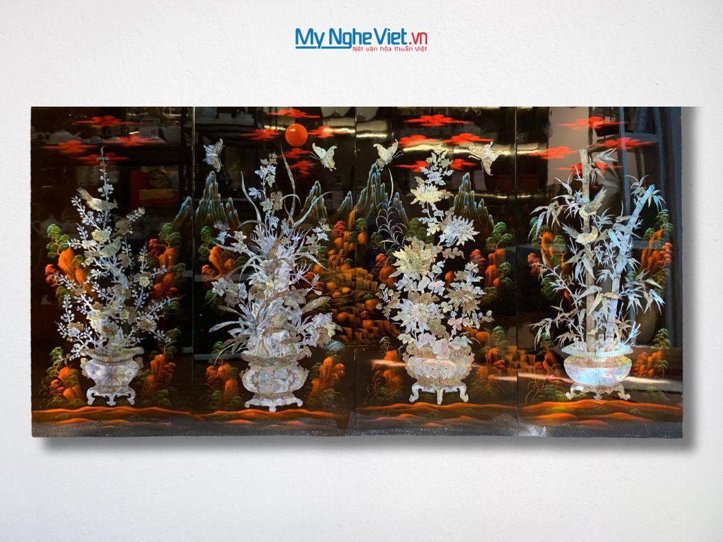 Bộ 4 tranh sơn mài mai lan cúc trúc nền ấm cẩn chìm chậu MNV-TSM22-22