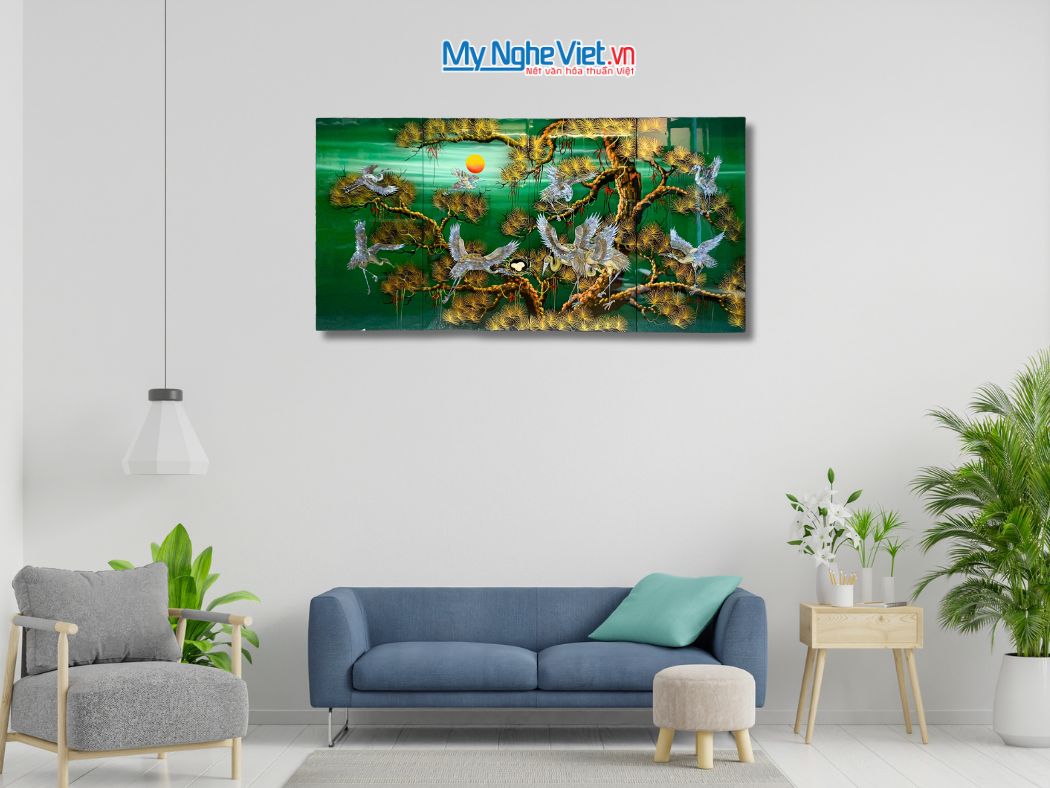 Bộ tranh sơn mài tùng cò lá xanh cẩn ốc nổi cao cấp TSM4080TC-1.1