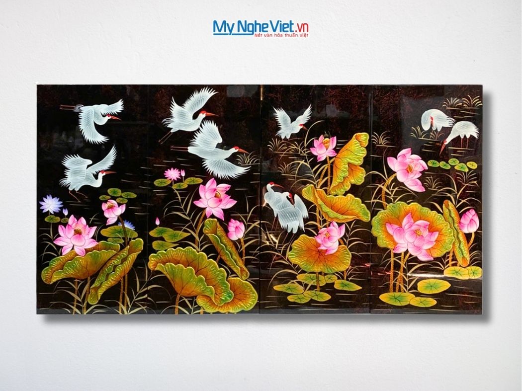 Bộ Tranh Sơn Mài Cò Sen Cát Tường Đắp Nổi MNV-SMA360-1