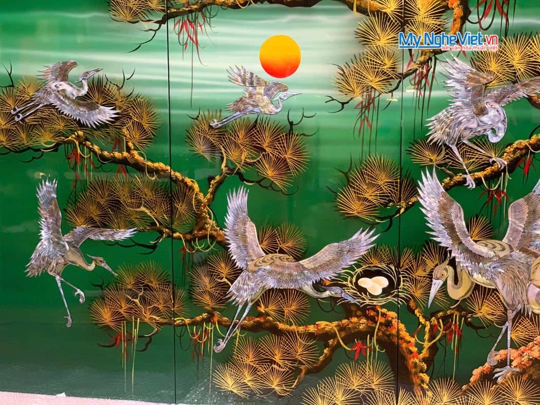 Bộ tranh sơn mài tùng cò lá xanh cẩn ốc nổi cao cấp TSM4080TC-1.1