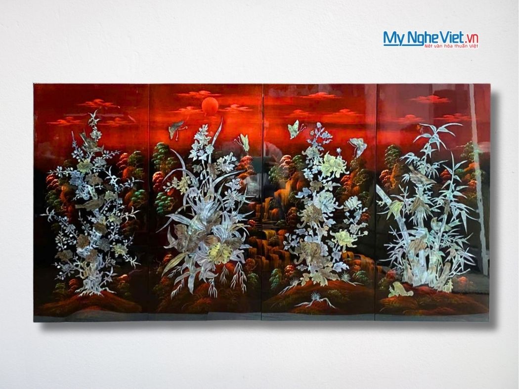 Bộ Tranh Sơn Mài Mai Lan Cúc Trúc Gốc Nền Ấm Cẩn Ốc Nổi TSM365