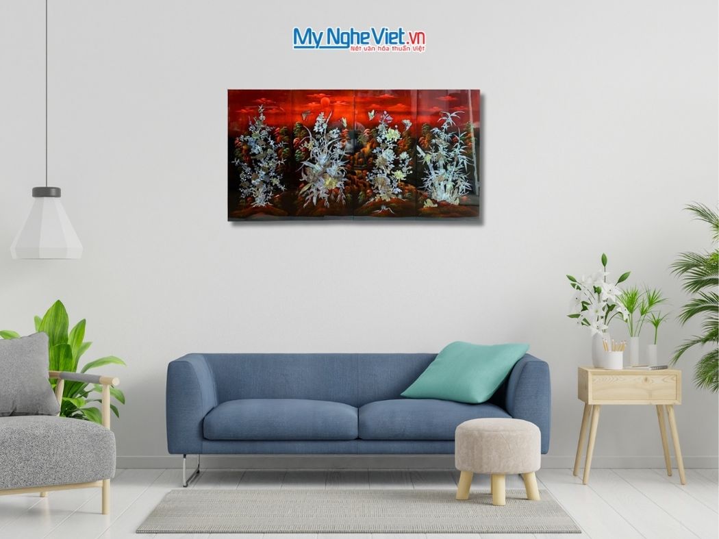 Bộ Tranh Sơn Mài Mai Lan Cúc Trúc Gốc Nền Ấm Cẩn Ốc Nổi TSM365