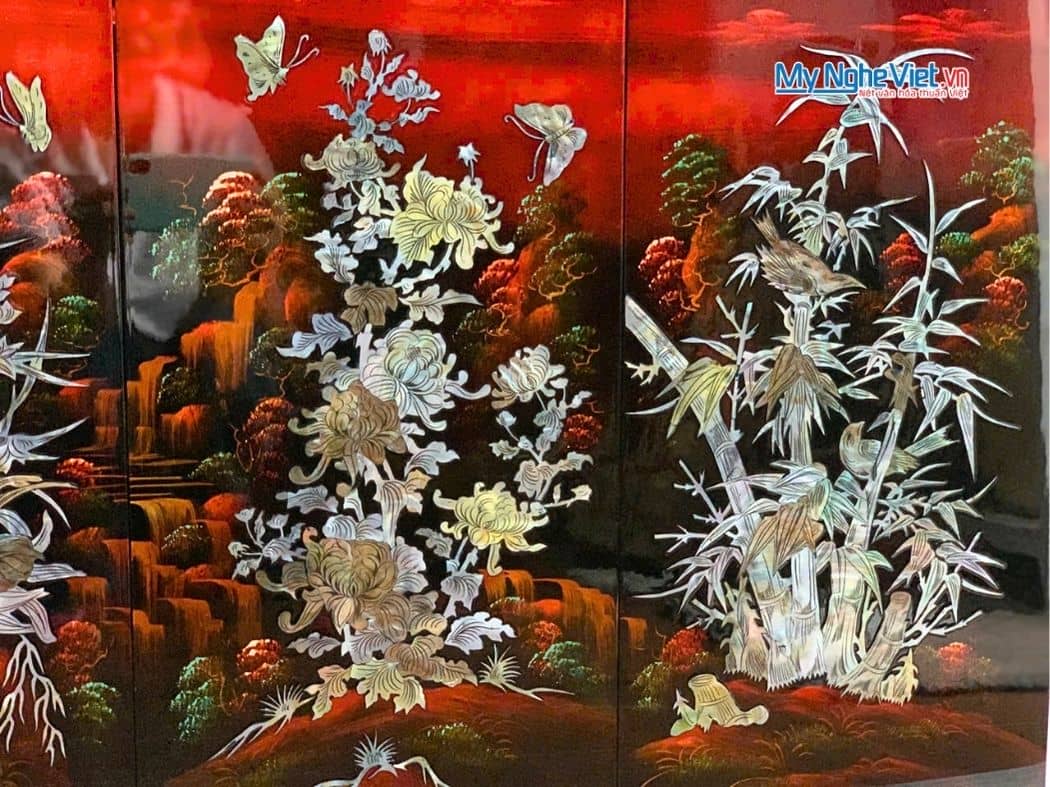 Bộ Tranh Sơn Mài Mai Lan Cúc Trúc Gốc Nền Ấm Cẩn Ốc Nổi TSM365