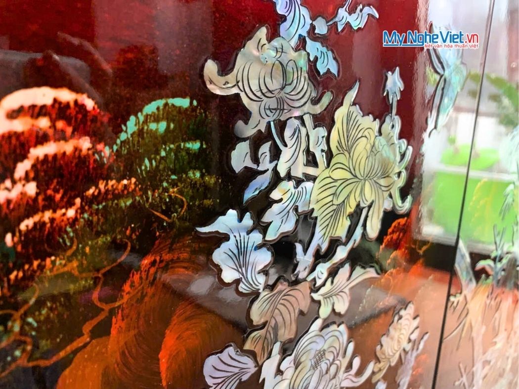 Bộ Tranh Sơn Mài Mai Lan Cúc Trúc Gốc Nền Ấm Cẩn Ốc Nổi TSM365