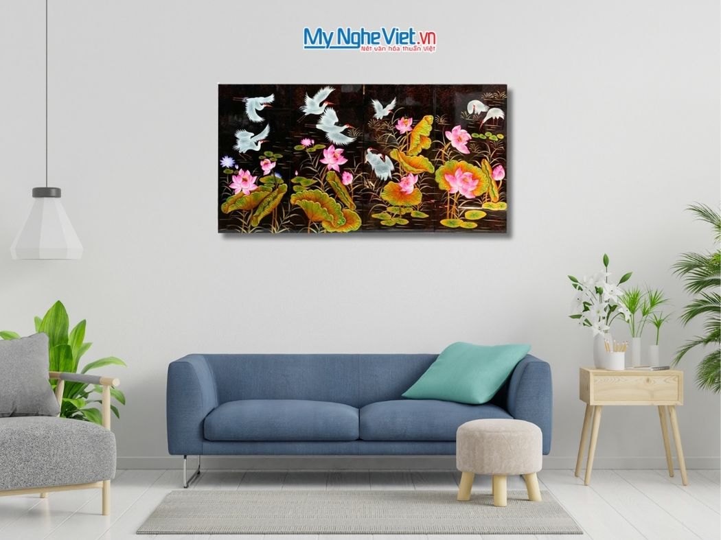 Bộ Tranh Sơn Mài Cò Sen Cát Tường Đắp Nổi MNV-SMA360-1