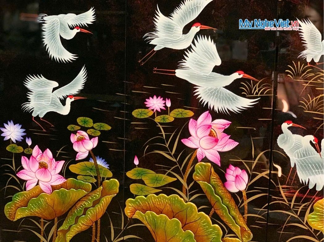 Bộ Tranh Sơn Mài Cò Sen Cát Tường Đắp Nổi MNV-SMA360-1