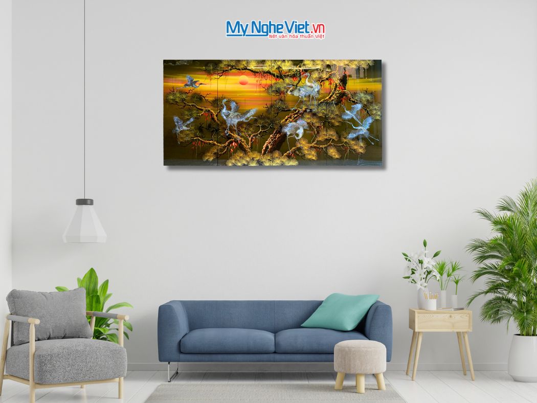 Bộ tranh sơn mài đàn hạc tiên cò nâu cao cấp TSM4847/2