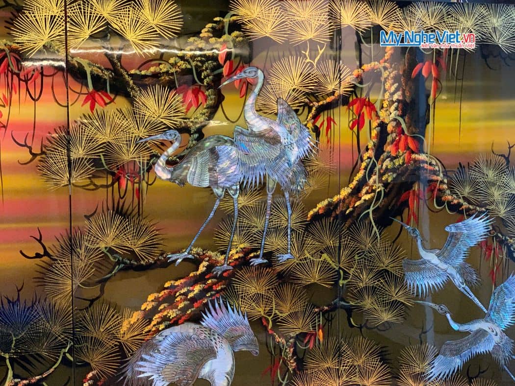 Bộ tranh sơn mài đàn hạc tiên cò nâu cao cấp TSM4847/2