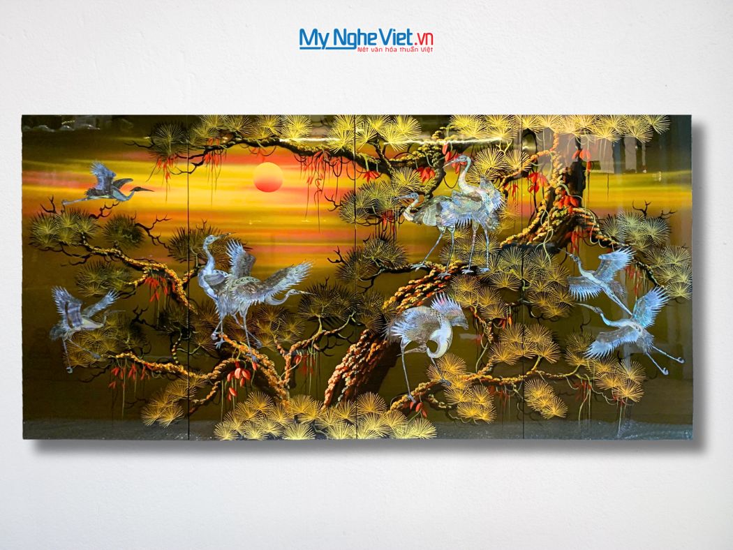 Bộ tranh sơn mài đàn hạc tiên cò nâu cao cấp TSM4847/2