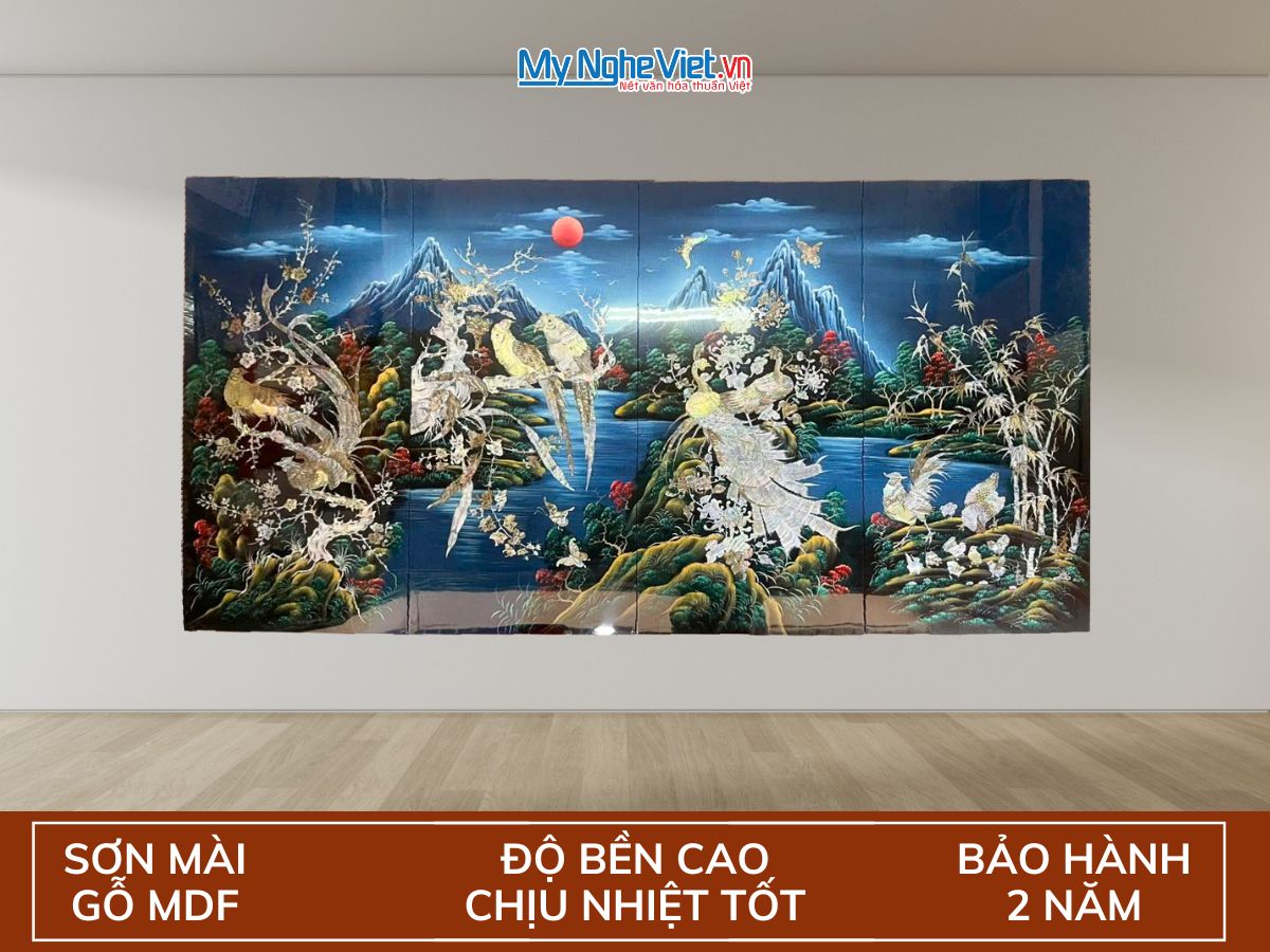 Tranh bộ công gà chim két nền xanh