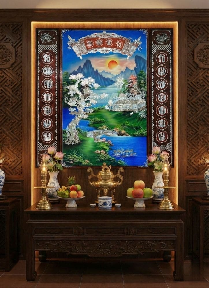 Bộ liễn Cửu Huyền Thất Tổ cẩn ốc nền xanh 126x126cm SMA195/126