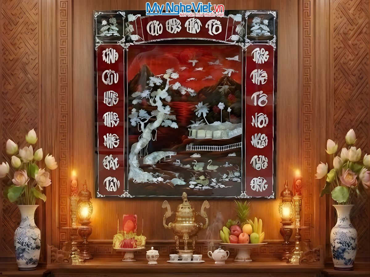 Liễn sơn mài - Cửu huyền thất tổ cẩn ốc nền ấm ngang 120x140cm SMA195-1214.2