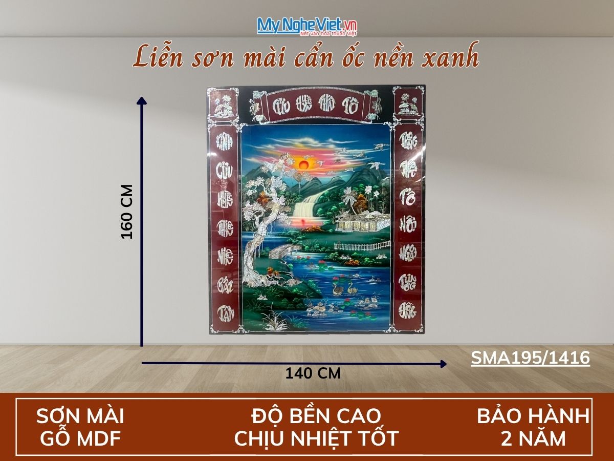 Liễn sơn mài cẩn ốc nền xanh ngang SMA195/1416