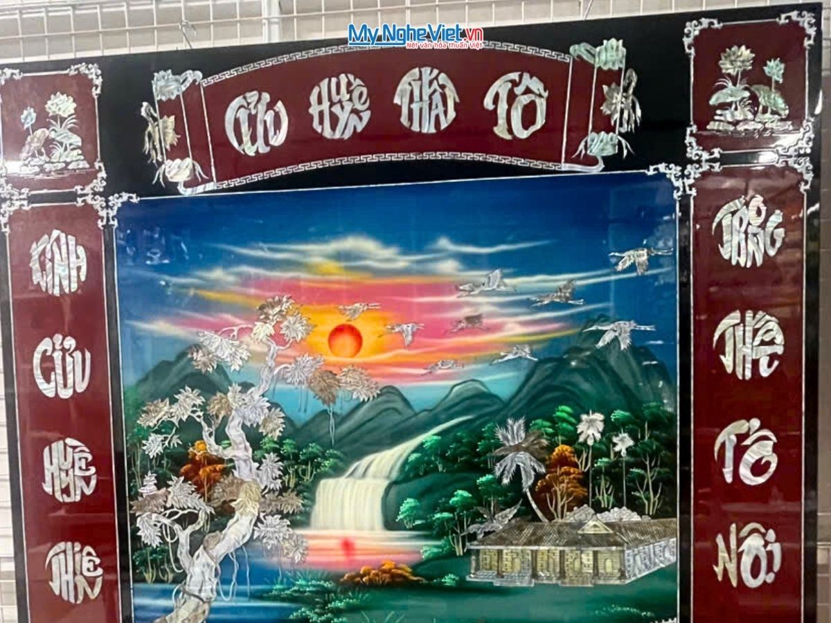 Liễn sơn mài cẩn ốc nền xanh ngang SMA195/1416