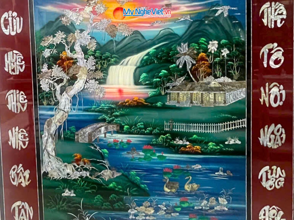 Liễn sơn mài cẩn ốc nền xanh ngang SMA195/1416