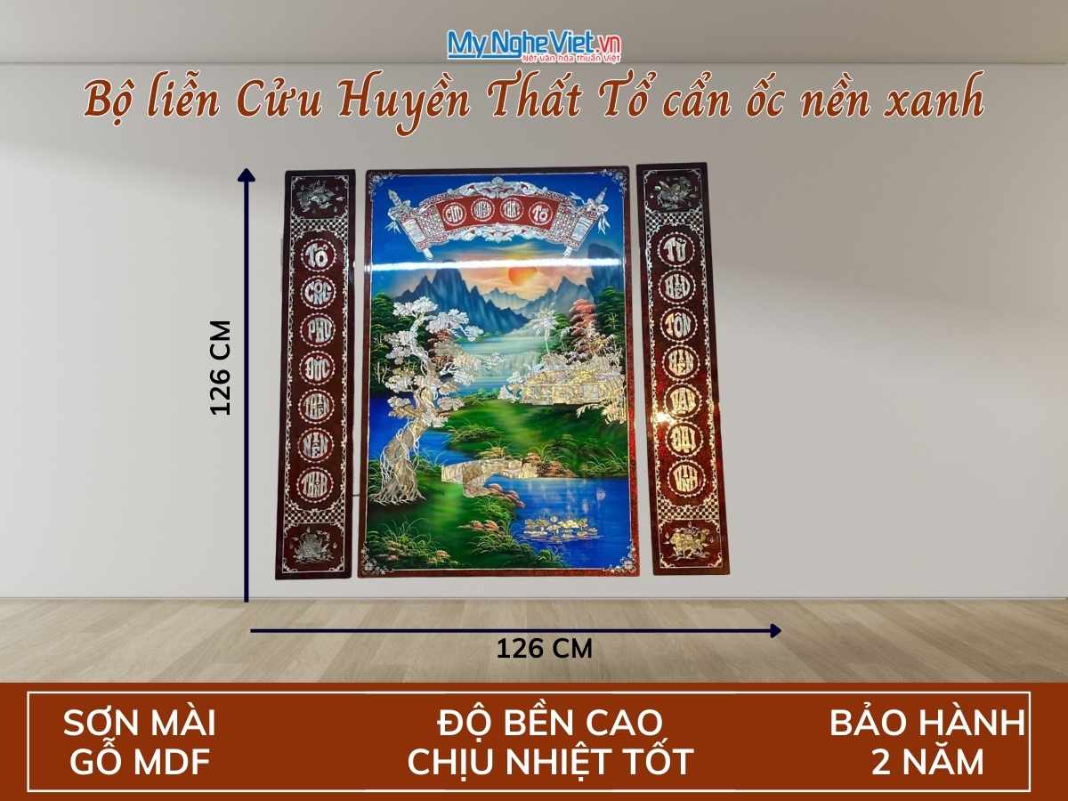 Bộ liễn Cửu Huyền Thất Tổ cẩn ốc nền xanh 126x126cm SMA195/126