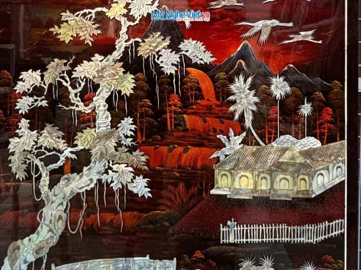 Liễn sơn mài – Cửu huyền thất tổ Phúc Lộc Thọ cẩn ốc nền ấm ngang 120x140cm 