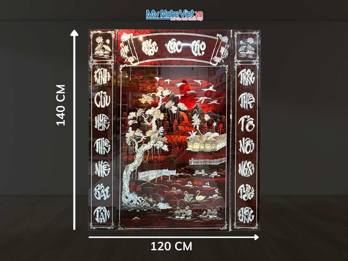 Liễn sơn mài – Cửu huyền thất tổ Phúc Lộc Thọ cẩn ốc nền ấm ngang 120x140cm 