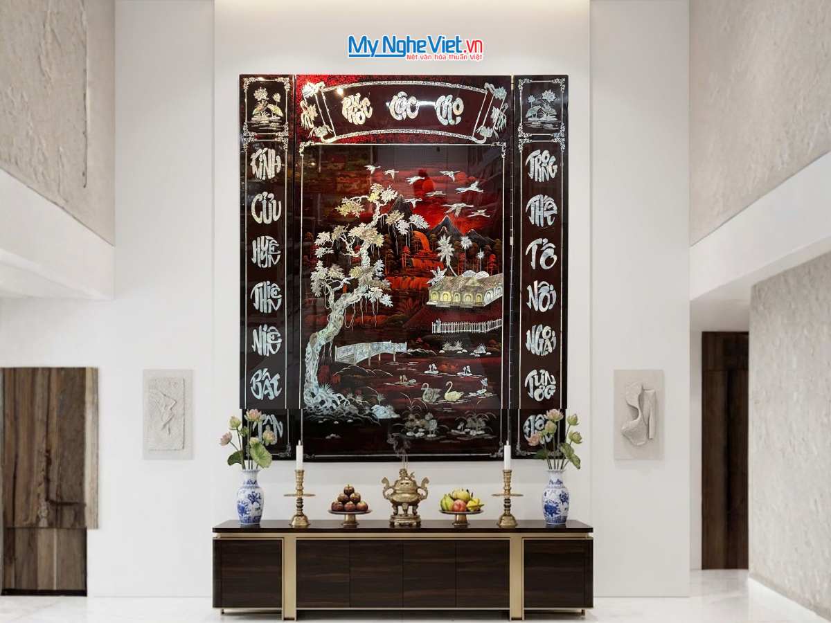 Liễn sơn mài – Cửu huyền thất tổ Phúc Lộc Thọ cẩn ốc nền ấm ngang 120x140cm 