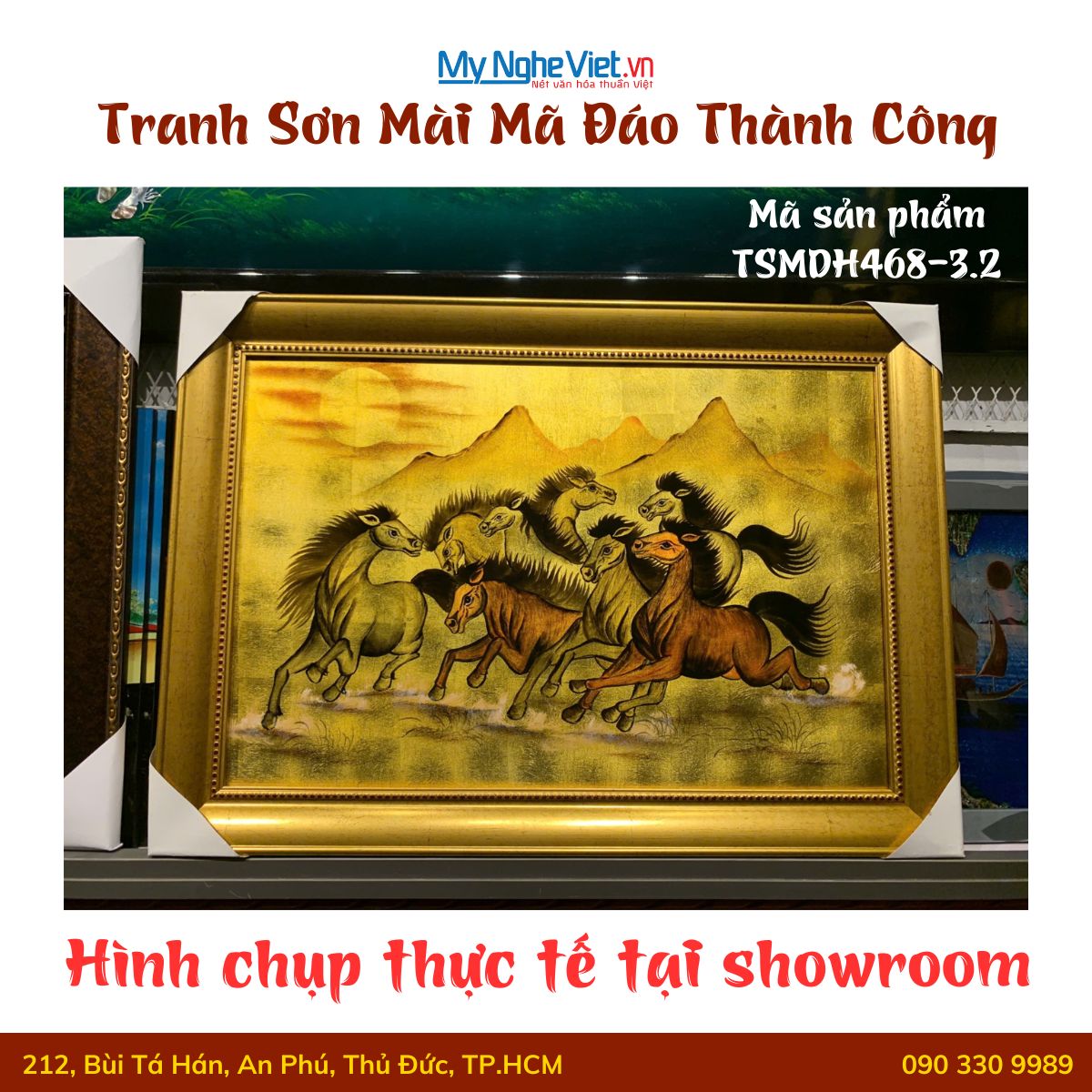 Tranh sơn mài mã đáo dát vàng 40x60cm có khung 50x70cm TSMDH468-3.2
