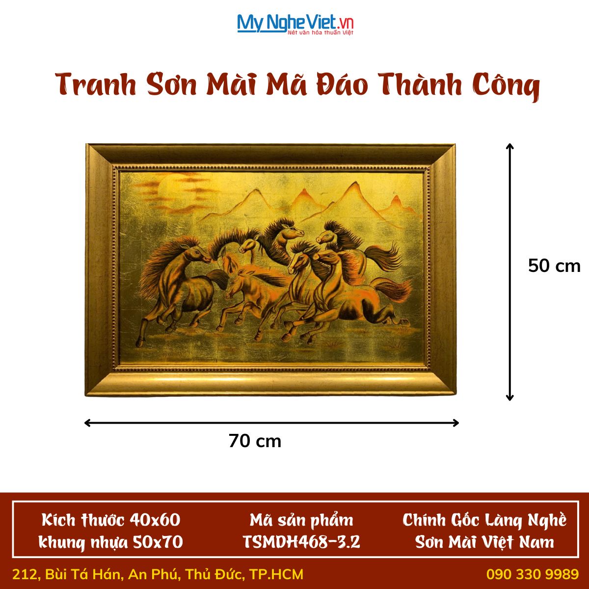 Tranh sơn mài mã đáo dát vàng 40x60cm có khung 50x70cm TSMDH468-3.2
