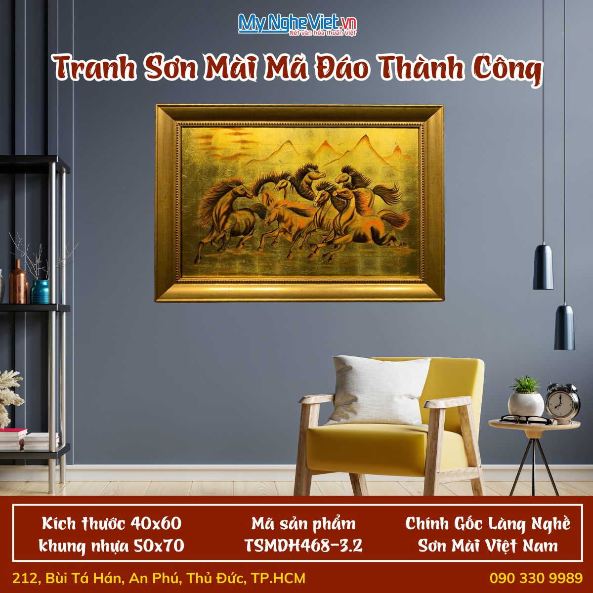Tranh sơn mài mã đáo dát vàng 40x60cm có khung 50x70cm TSMDH468-3.2