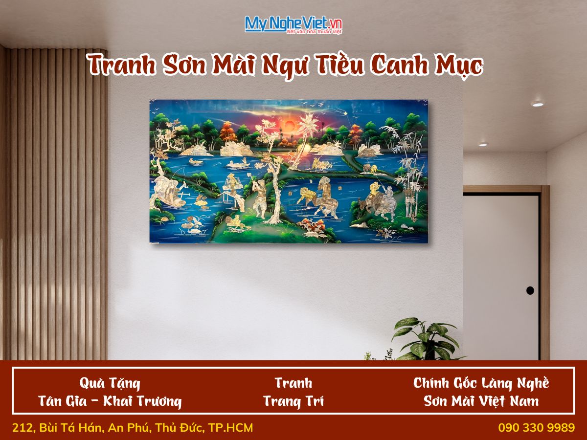 Tranh sơn mài thuận buồm cấn ốc nổi xanh 60x120cm có khung TSM60120K-TBCO