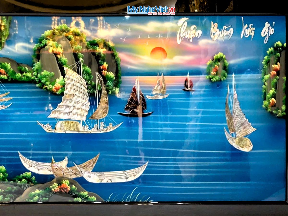 Tranh sơn mài thuận buồm cấn ốc nổi xanh 60x120cm có khung TSM60120K-TBCO