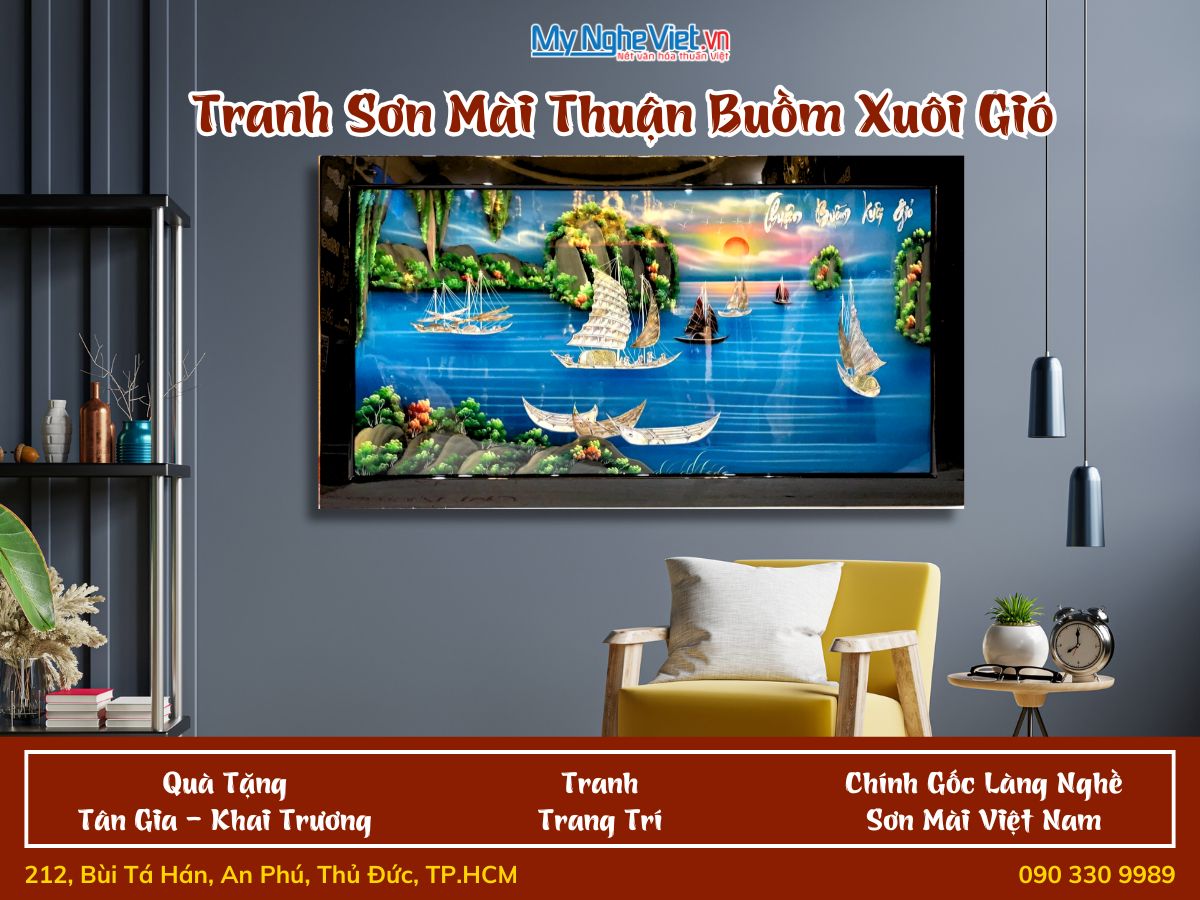 Tranh sơn mài thuận buồm cấn ốc nổi xanh 60x120cm có khung TSM60120K-TBCO