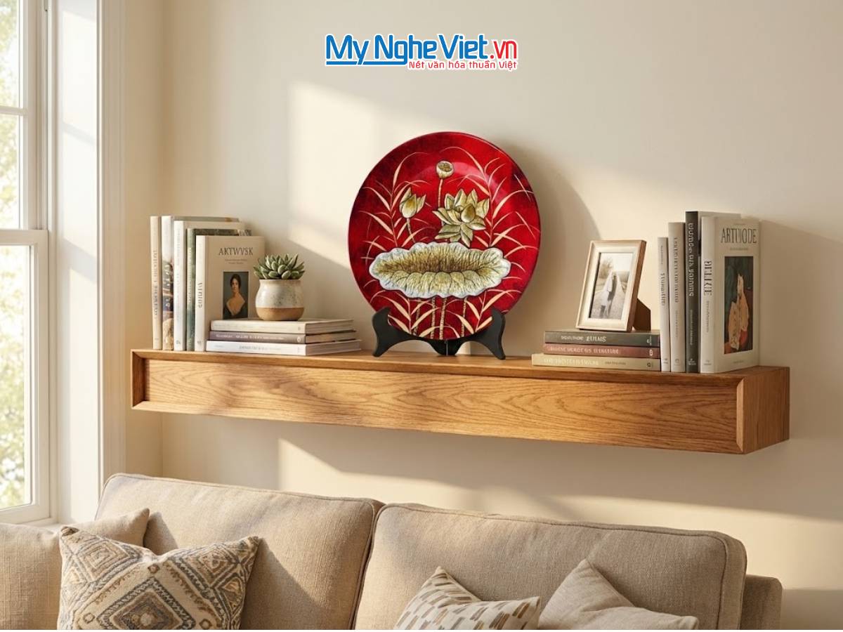 Tranh đĩa sơn mài hoa sen đắp nổi nền đỏ dát lá vàng (nhiều mẫu) và hộp quà tặng cao cấp TD30SV/1