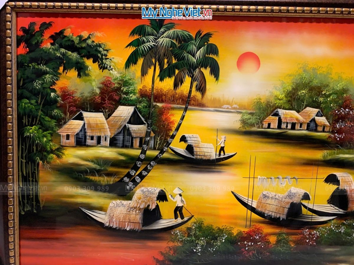 Tranh sơn mài cảnh đồng quê sông nước 60x120 có khung TSM7132-1-2.2