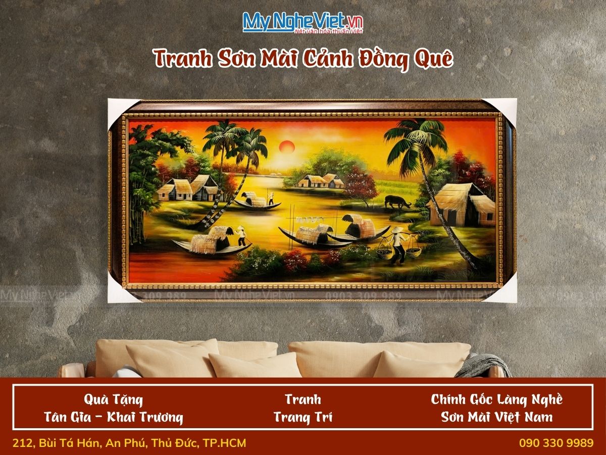 Tranh sơn mài cảnh đồng quê sông nước 60x120 có khung TSM7132-1-2.2
