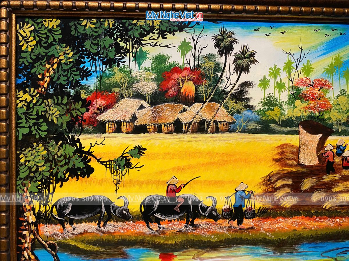 Tranh sơn mài đồng quê vẽ đủ mẫu 40x60cm có khung 50x70cm TSMTBL46K-2