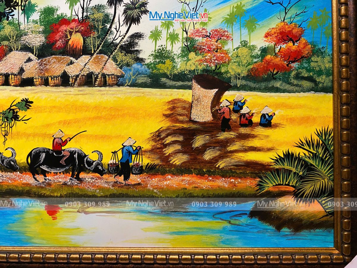 Tranh sơn mài đồng quê vẽ đủ mẫu 40x60cm có khung 50x70cm TSMTBL46K-2
