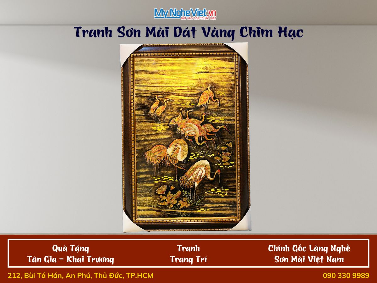 Tranh sơn mài chim hạc dát bạc 50x80 khung nhựa 64x94 TSM693-3.2