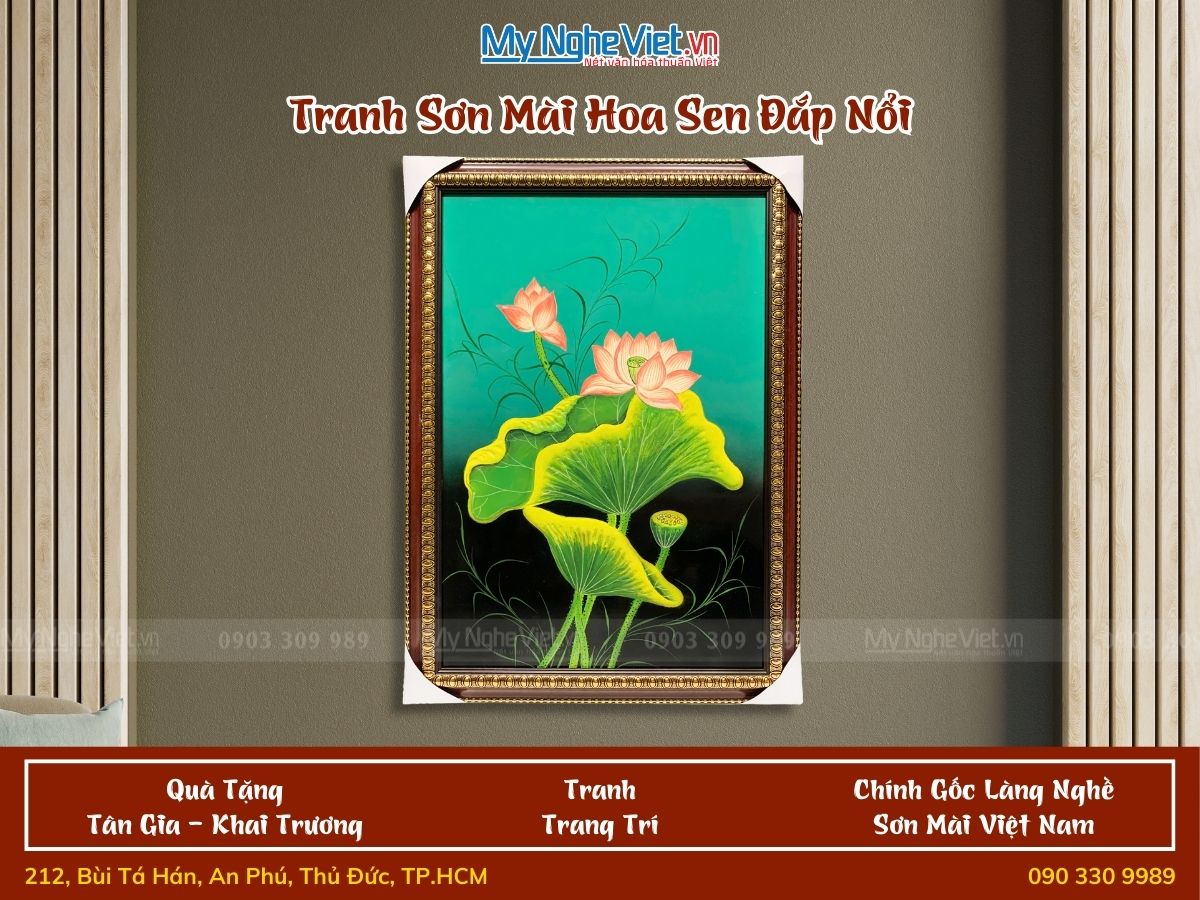 Tranh sơn mài sen đắp nổi 40x60 có khung 54x74cm TSM571-1.4