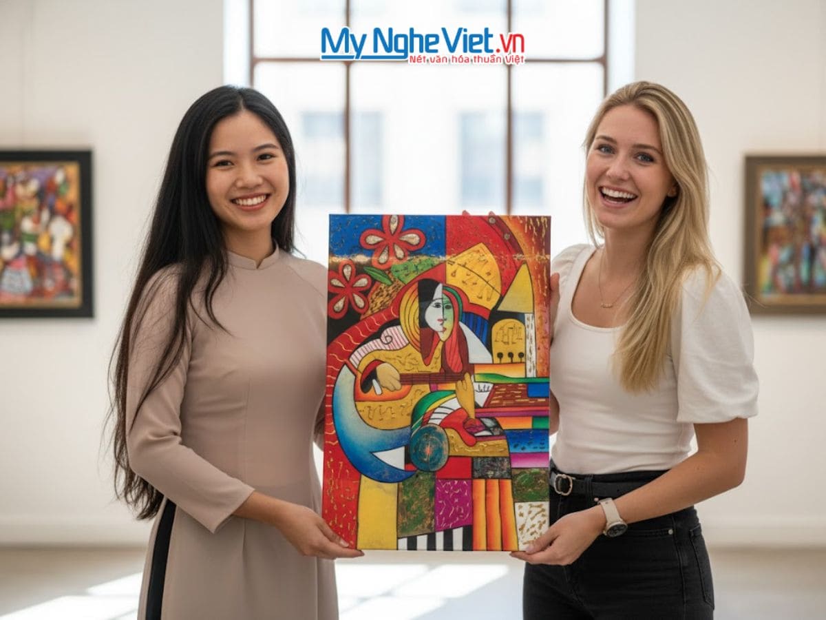 Tranh sơn mài picasso cô gái đánh đàn 40x60 MNV-SMA374