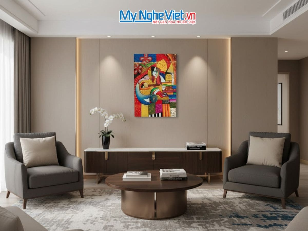 Tranh sơn mài picasso cô gái đánh đàn 40x60 MNV-SMA374