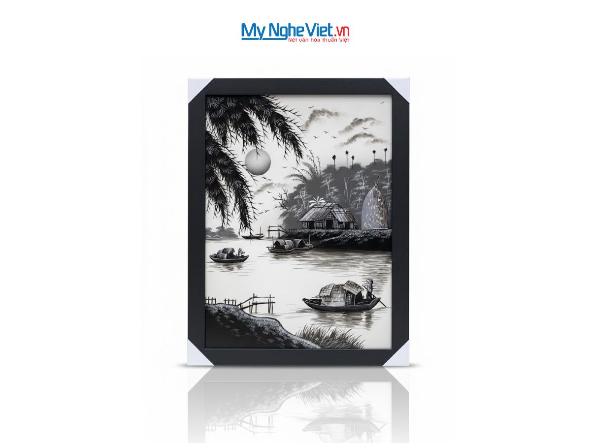 Bộ tranh sơn mài đồng quê đen trắng và khung đen TSM30401/khung