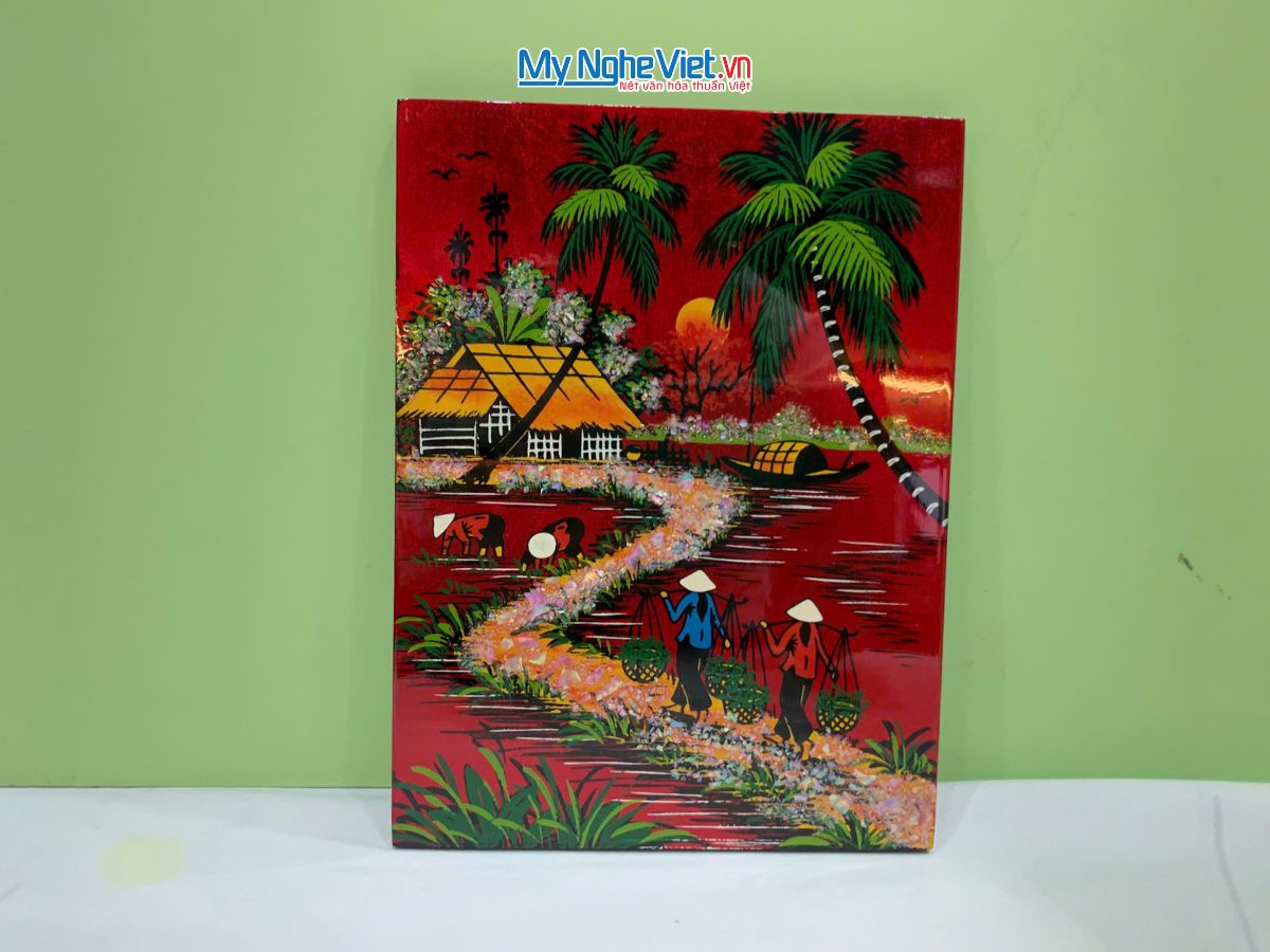 Tranh Sơn Mài Đồng Quê Dát Vàng Nền Đỏ Nhiều Mẫu TSM231/1-1