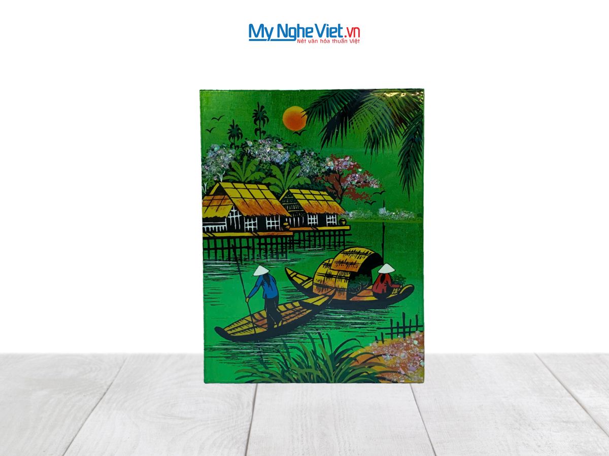 Tranh Sơn Mài Đồng Quê Dát Vàng Nền Xanh Lá Nhiều Mẫu TSM231/1-2
