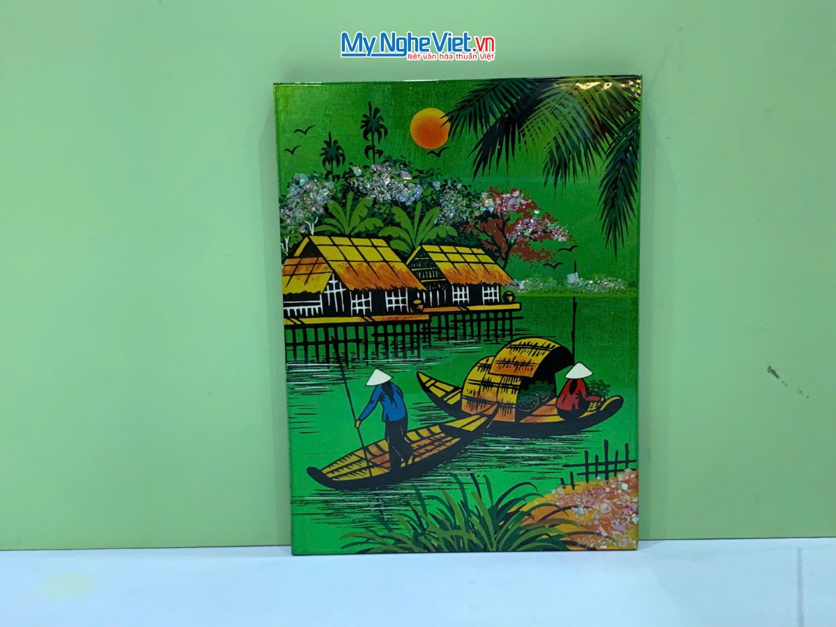 Tranh Sơn Mài Đồng Quê Dát Vàng Nền Xanh Lá Nhiều Mẫu TSM231/1-2