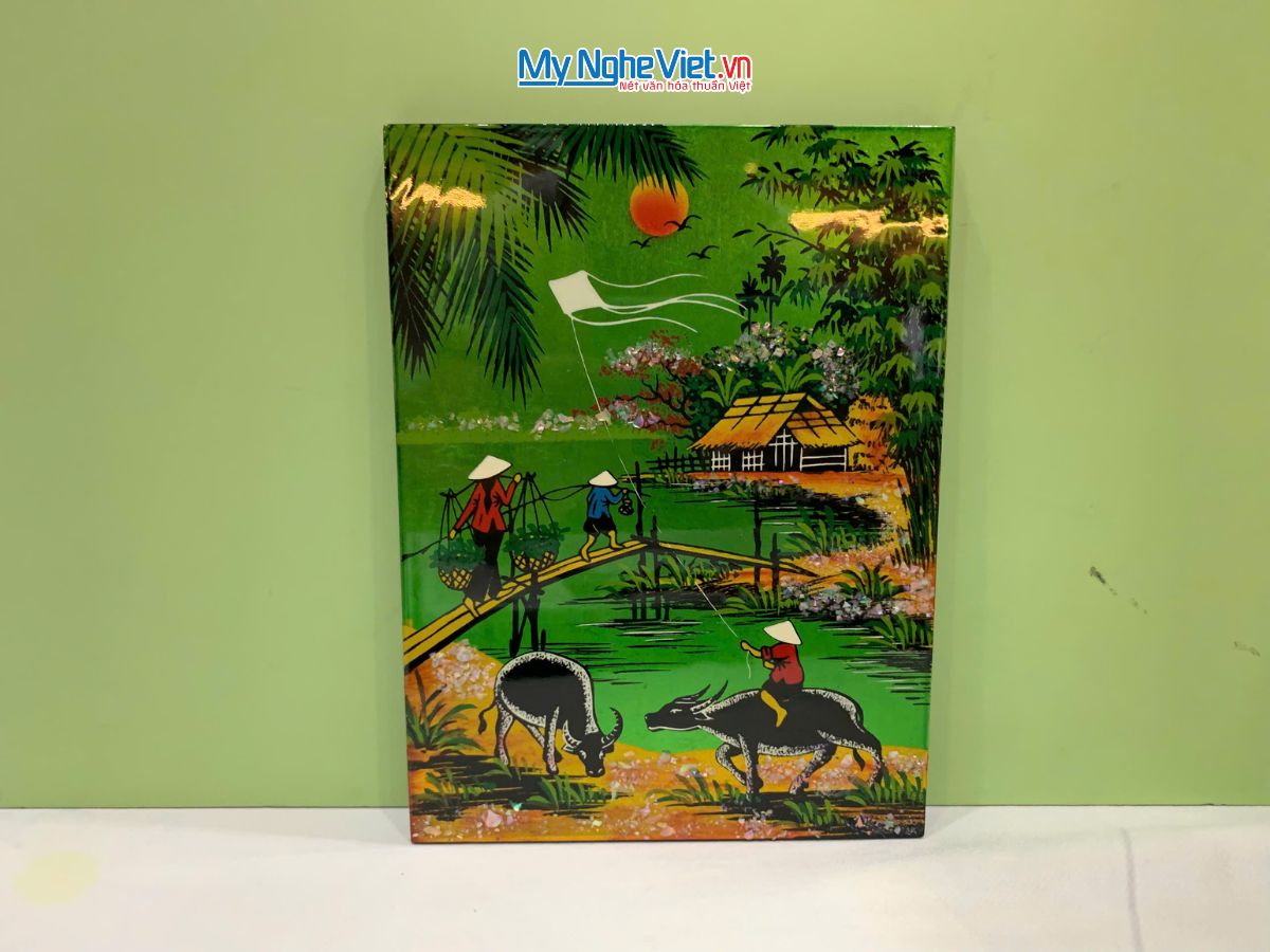 Tranh Sơn Mài Đồng Quê Dát Vàng Nền Xanh Lá Nhiều Mẫu TSM231/1-2