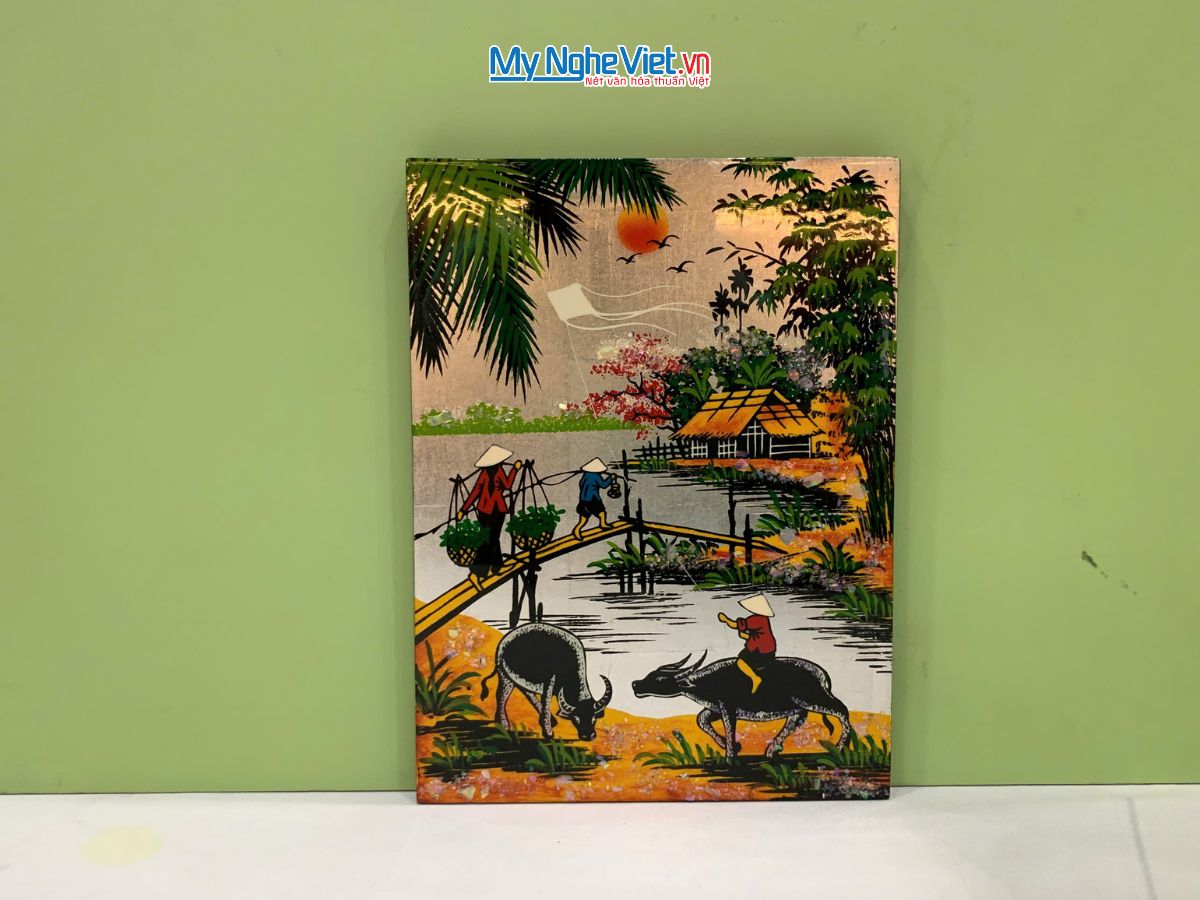 Tranh Sơn Mài Đồng Quê Dát Vàng Nền Bạc Nhiều Mẫu TSM231/1-4