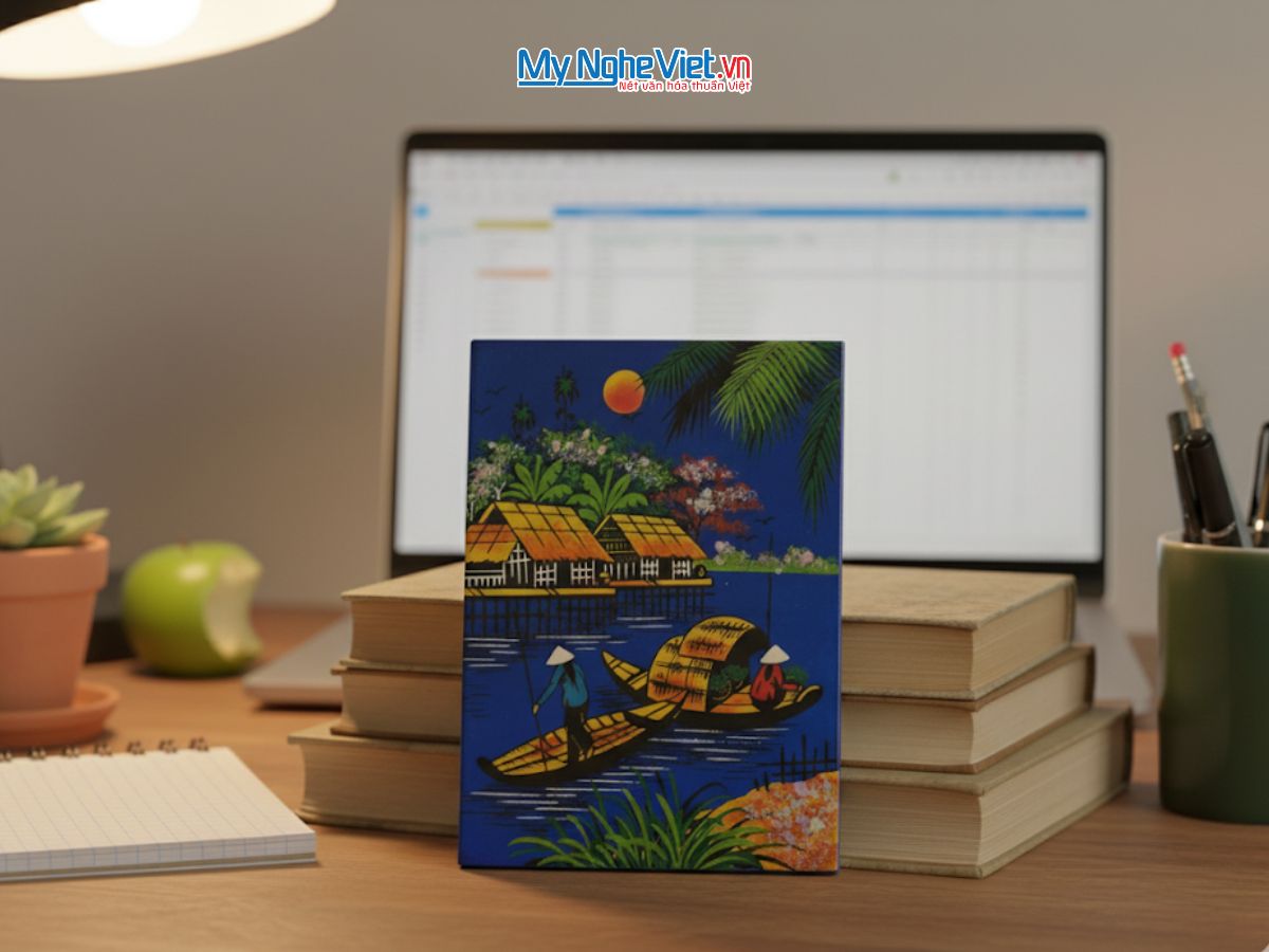 Tranh Sơn Mài Đồng Quê Dát Vàng Nền Xanh Dương Nhiều Mẫu TSM231/1-3