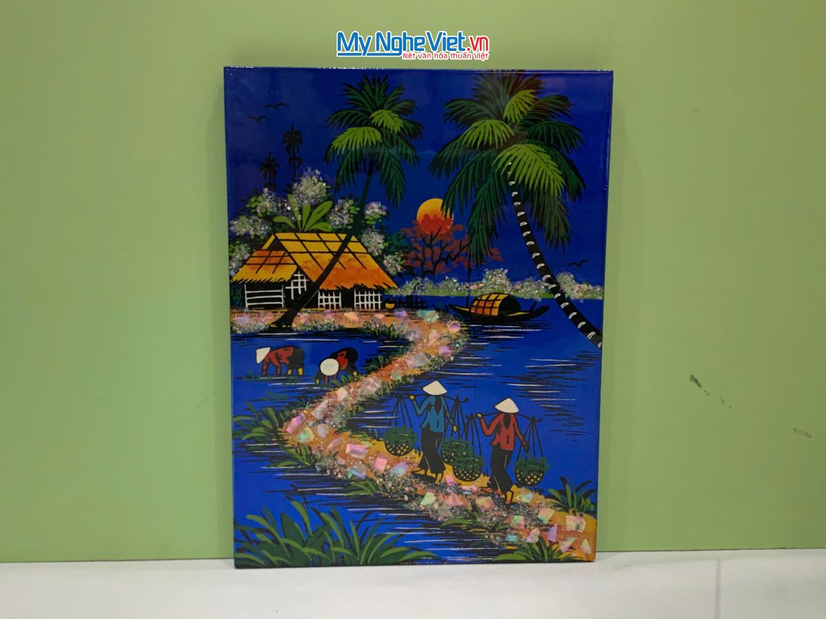 Tranh Sơn Mài Đồng Quê Dát Vàng Nền Xanh Dương Nhiều Mẫu TSM231/1-3