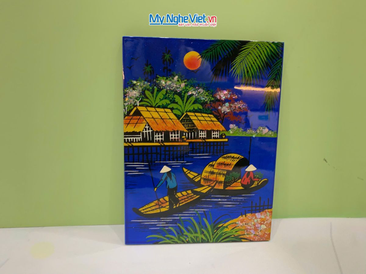 Tranh Sơn Mài Đồng Quê Dát Vàng Nền Xanh Dương Nhiều Mẫu TSM231/1-3