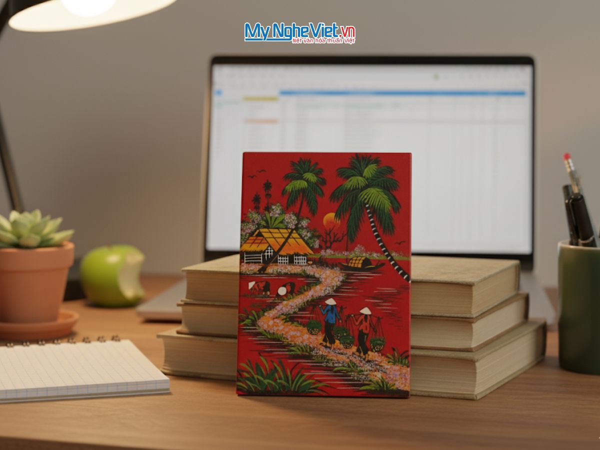 Tranh Sơn Mài Đồng Quê Dát Vàng Nền Đỏ Nhiều Mẫu TSM231/1-1